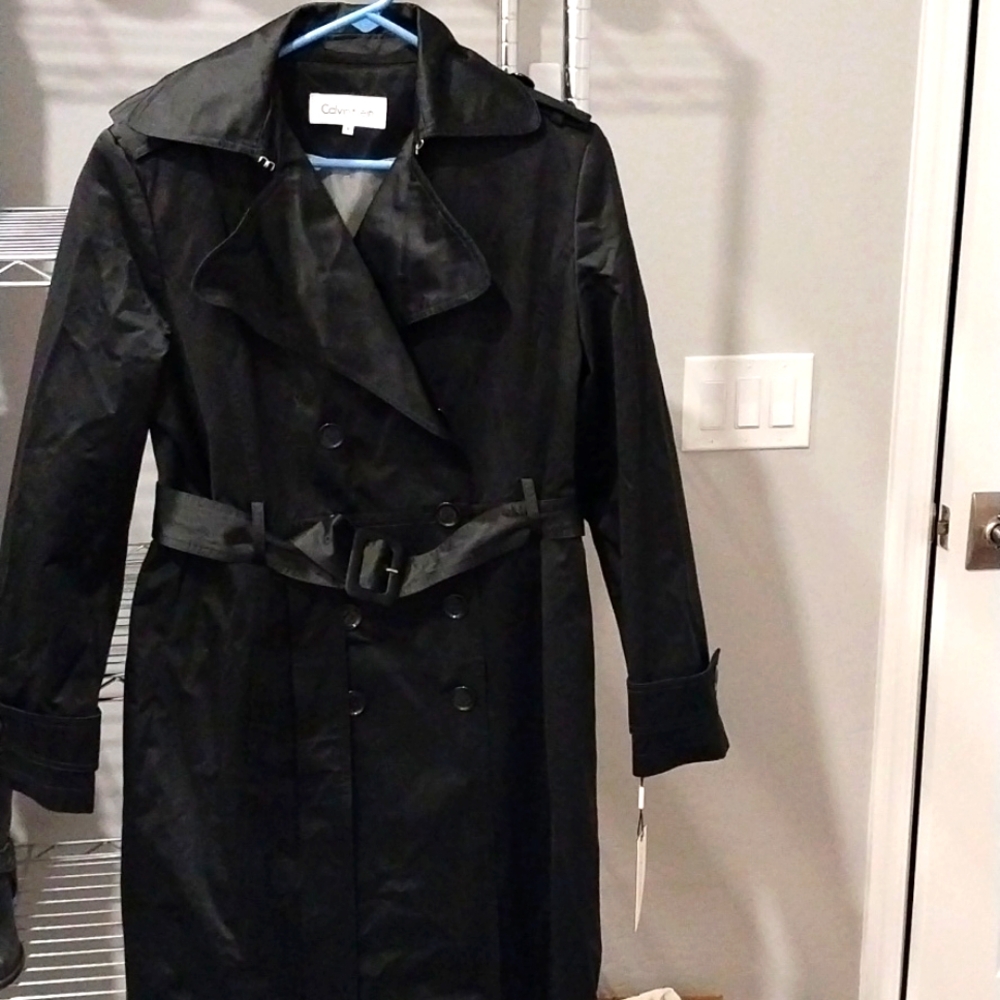 Calvin Klein black silky rain trench coat NWT